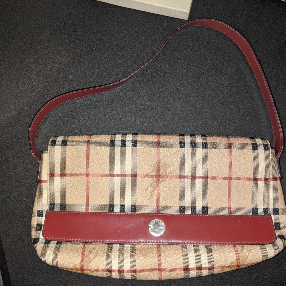 Haymarket check shoulder bag with red strap